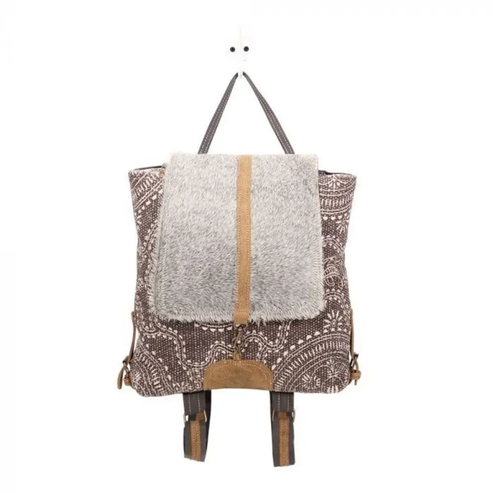 Myra Bag Handmade Stygian Backpack Upcycled Canvas & Cowhide Leather